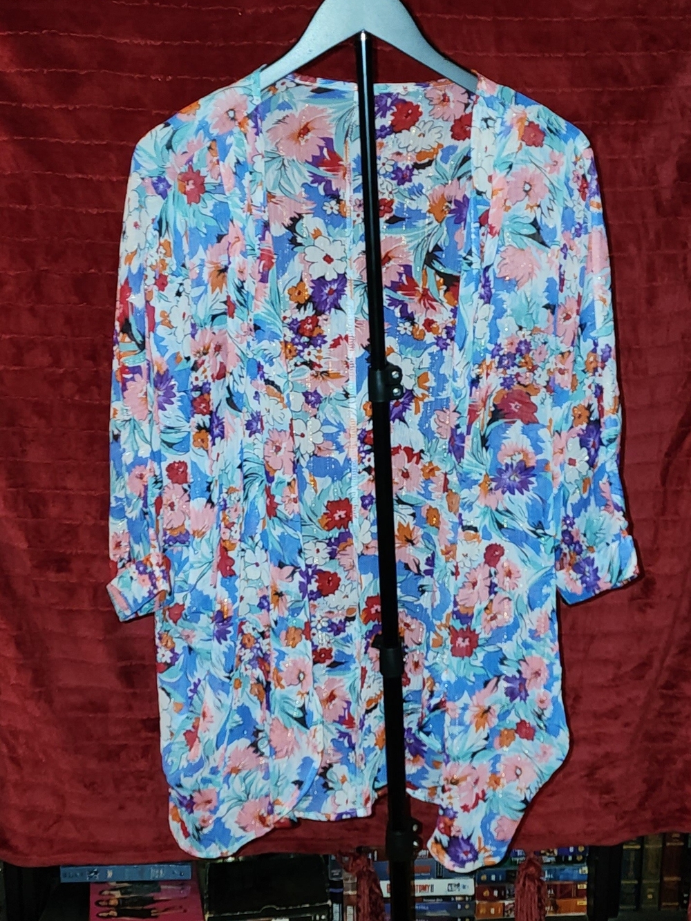 Floral Lightweight Open Kimono - Pastel Blue & Pink With Glitter Shimmer